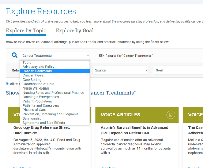 screenshot of explore resources search engine on ons.org, topic dropdown open