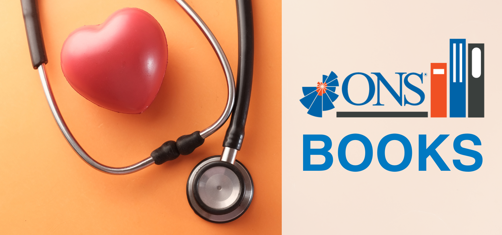 Stethoscope on left side of image with orange background, ONS logo with white background on the right side.