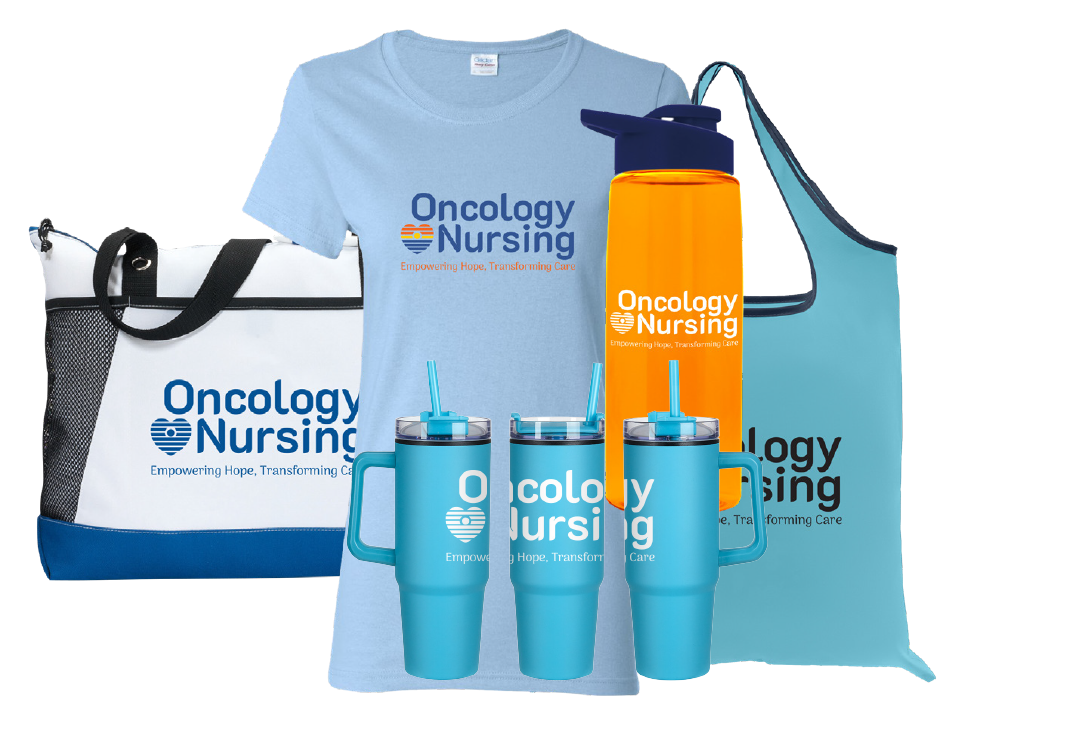 Variety of oncology nursing month products with the logo printed on. Consisting of bags, a t shirt, and water bottles