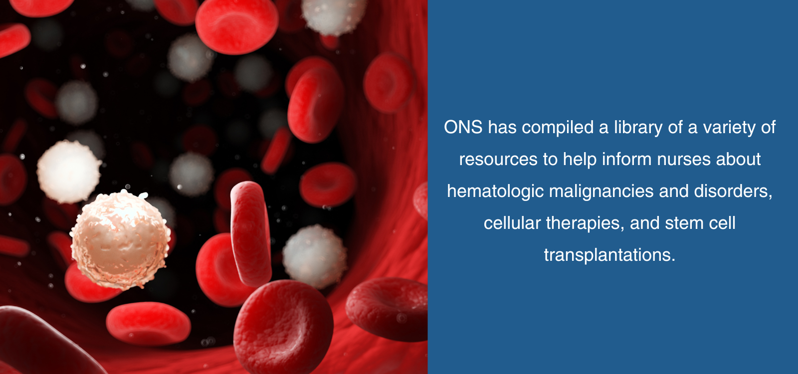 Animated image of red and white blood cells with blue box on the right side. The box says "ONS has compiled a library of a variety of resources to help inform nurses about hematologic malignancies and disorders, cellular therapies, and stem cell transplantations."